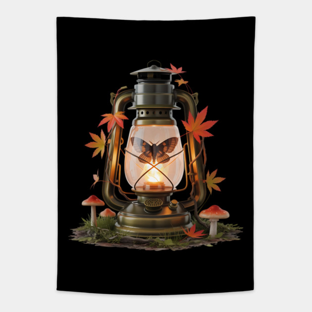 Vintage Lantern with Butterfly and Autumn Leaves Tapestry by BirdsnStuff