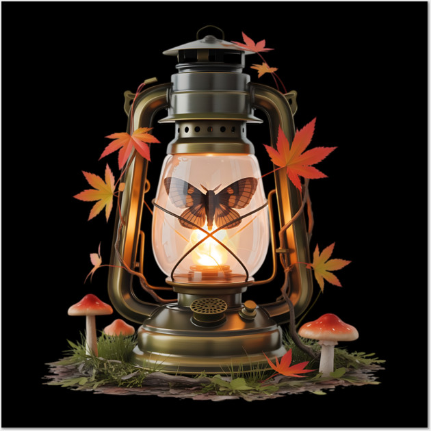 Vintage Lantern with Butterfly and Autumn Leaves Wall Art by BirdsnStuff