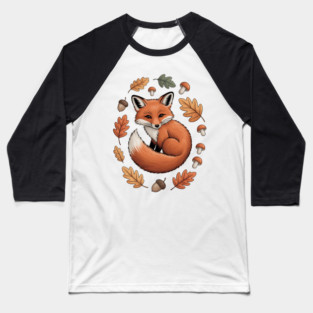Red Fox Curled in Autumn Forest Elements Baseball T-Shirt