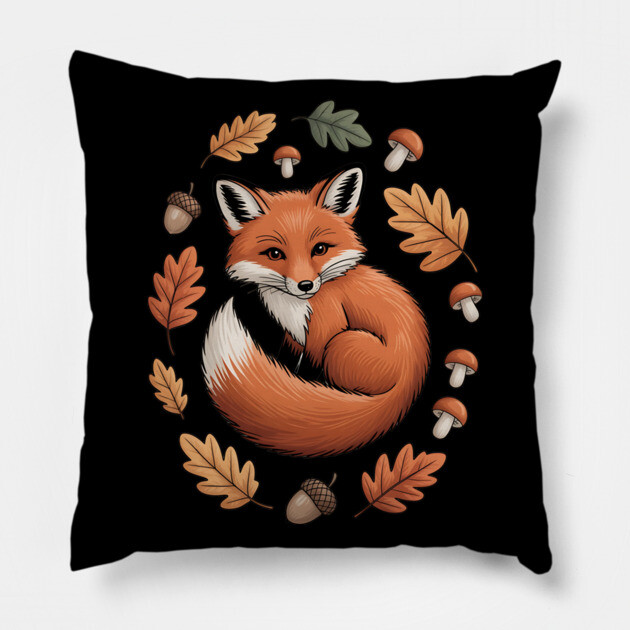 Red Fox Curled in Autumn Forest Elements Pillow by BirdsnStuff