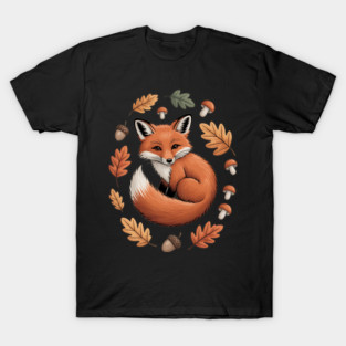 Red Fox Curled in Autumn Forest Elements T-Shirt