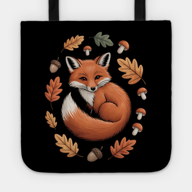 Red Fox Curled in Autumn Forest Elements Tote by BirdsnStuff