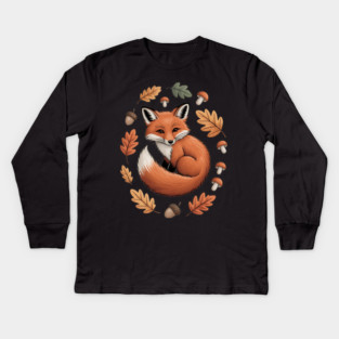Red Fox Curled in Autumn Forest Elements Kids Long Sleeve T-Shirt