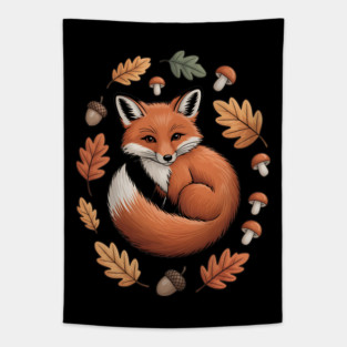Red Fox Curled in Autumn Forest Elements Tapestry