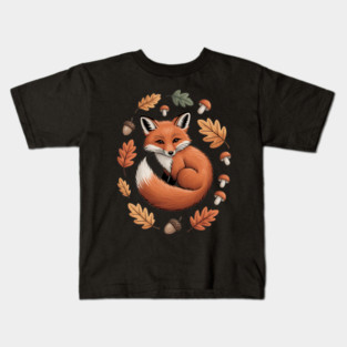 Red Fox Curled in Autumn Forest Elements Kids T-Shirt