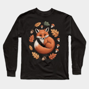 Red Fox Curled in Autumn Forest Elements Long Sleeve T-Shirt
