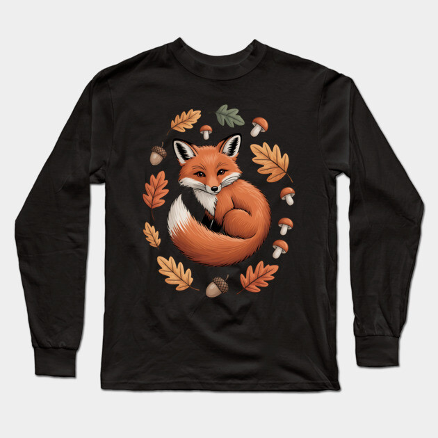 Red Fox Curled in Autumn Forest Elements Long Sleeve T-Shirt by BirdsnStuff