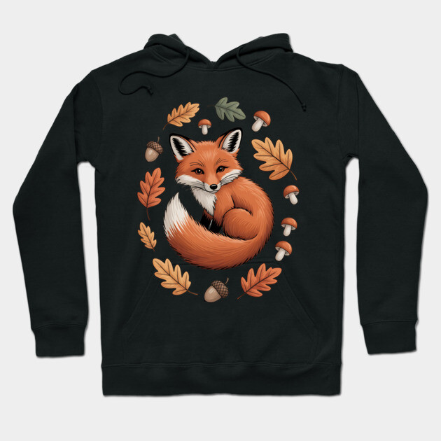 Red Fox Curled in Autumn Forest Elements Hoodie by BirdsnStuff