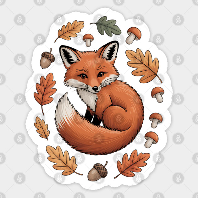 Red Fox Curled in Autumn Forest Elements Sticker by BirdsnStuff