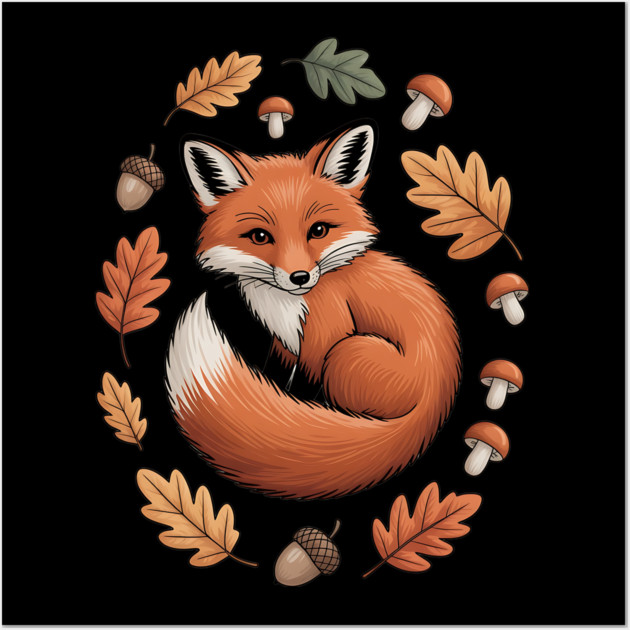 Red Fox Curled in Autumn Forest Elements Wall Art by BirdsnStuff