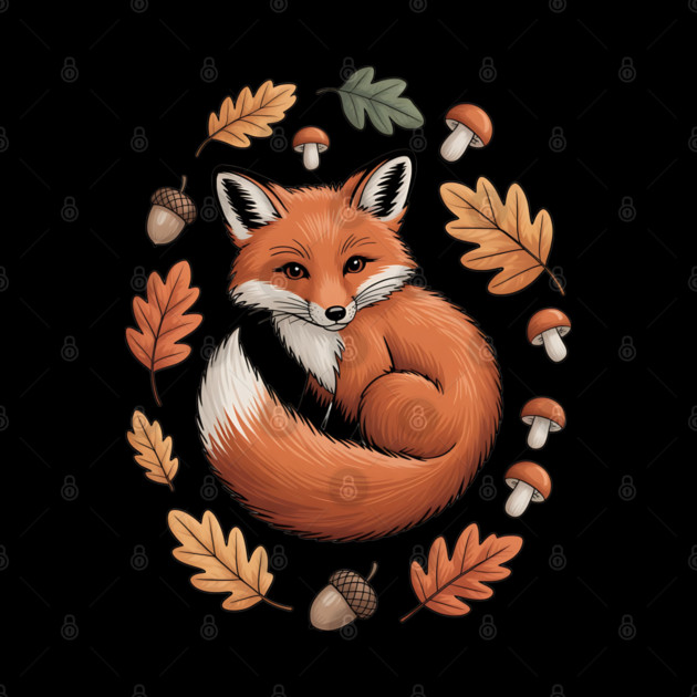 Red Fox Curled in Autumn Forest Elements by BirdsnStuff