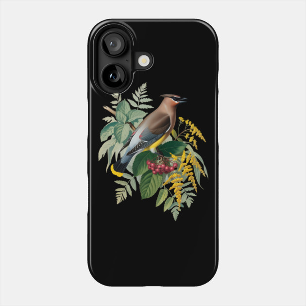 Cedar Waxwing with Berries and Ferns Phone Case by BirdsnStuff