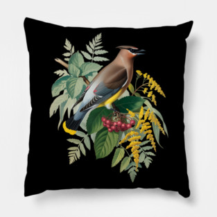 Cedar Waxwing with Berries and Ferns Pillow