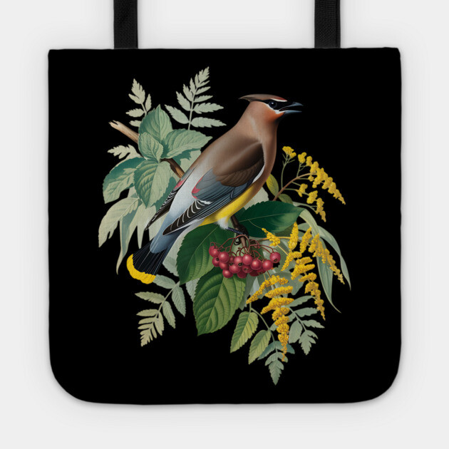 Cedar Waxwing with Berries and Ferns Tote by BirdsnStuff