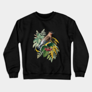 Cedar Waxwing with Berries and Ferns Crewneck Sweatshirt
