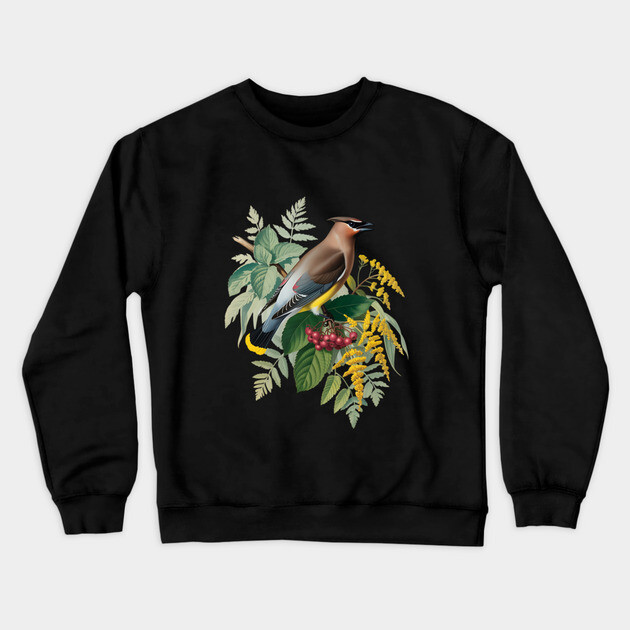 Cedar Waxwing with Berries and Ferns Crewneck Sweatshirt by BirdsnStuff