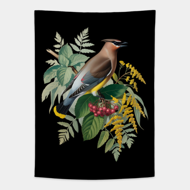 Cedar Waxwing with Berries and Ferns Tapestry by BirdsnStuff