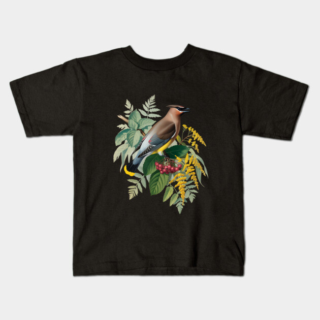Cedar Waxwing with Berries and Ferns Kids T-Shirt by BirdsnStuff