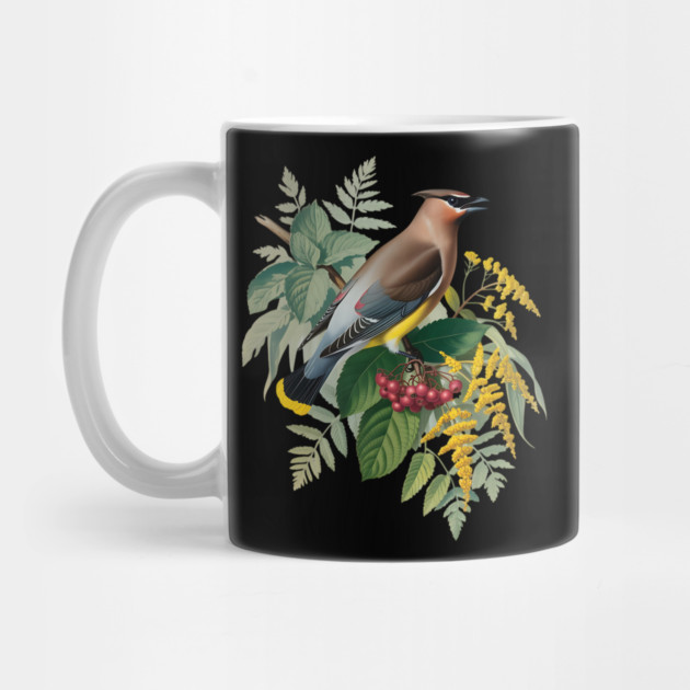 Cedar Waxwing with Berries and Ferns by BirdsnStuff