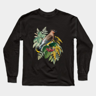 Cedar Waxwing with Berries and Ferns Long Sleeve T-Shirt