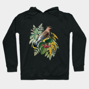 Cedar Waxwing with Berries and Ferns Hoodie