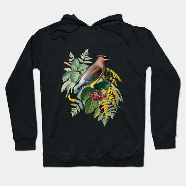 Cedar Waxwing with Berries and Ferns Hoodie by BirdsnStuff