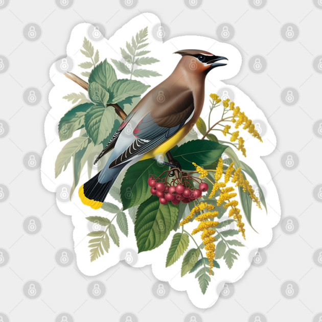 Cedar Waxwing with Berries and Ferns Sticker by BirdsnStuff