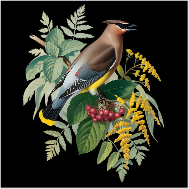 Cedar Waxwing with Berries and Ferns Wall Art by BirdsnStuff