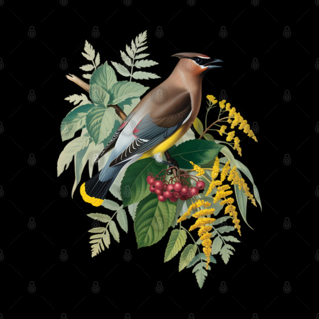 Cedar Waxwing with Berries and Ferns by BirdsnStuff
