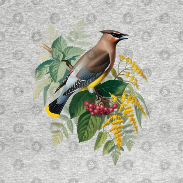 Cedar Waxwing with Berries and Ferns by BirdsnStuff