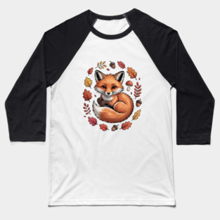 Red Fox Surrounded by Fall Leaves and Accorns Baseball T-Shirt