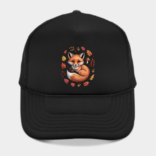 Red Fox Surrounded by Fall Leaves and Accorns Hat