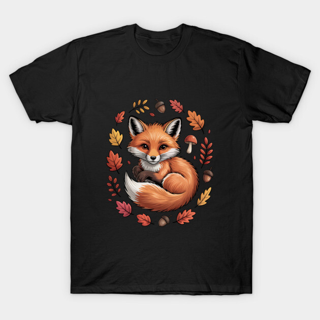 Red Fox Surrounded by Fall Leaves and Accorns T-Shirt by BirdsnStuff