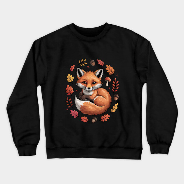 Red Fox Surrounded by Fall Leaves and Accorns Crewneck Sweatshirt by BirdsnStuff