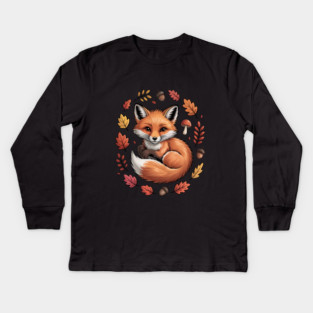 Red Fox Surrounded by Fall Leaves and Accorns Kids Long Sleeve T-Shirt