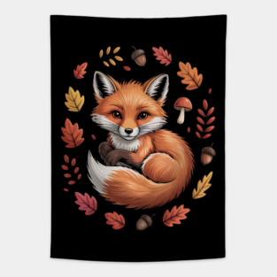 Red Fox Surrounded by Fall Leaves and Accorns Tapestry