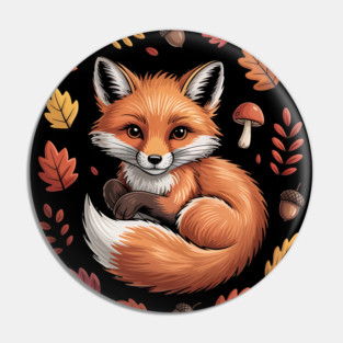 Red Fox Surrounded by Fall Leaves and Accorns Pin