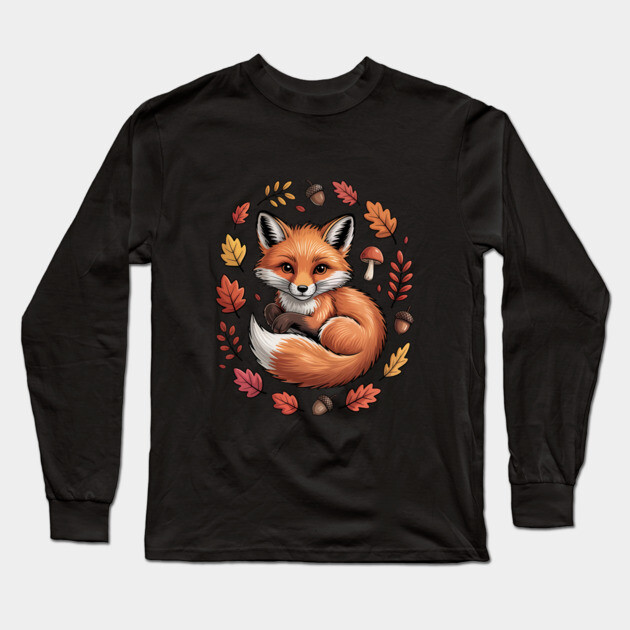 Red Fox Surrounded by Fall Leaves and Accorns Long Sleeve T-Shirt by BirdsnStuff