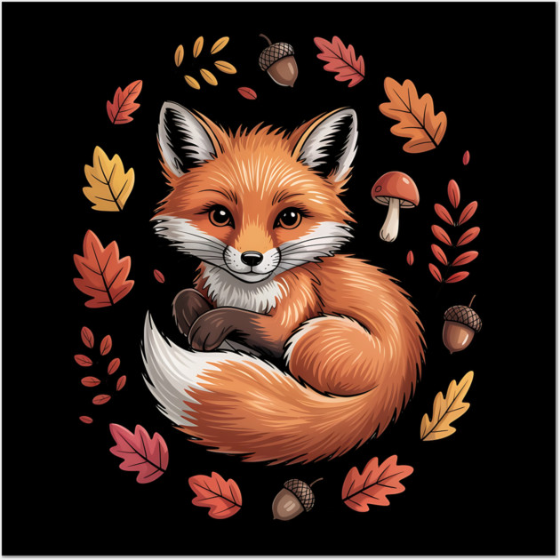 Red Fox Surrounded by Fall Leaves and Accorns Wall Art by BirdsnStuff