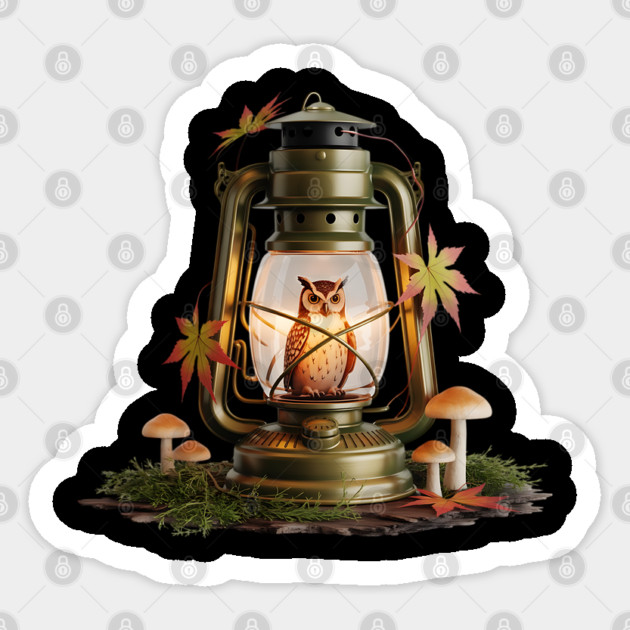 Autumn Owl in Vintage Lantern Sticker by BirdsnStuff