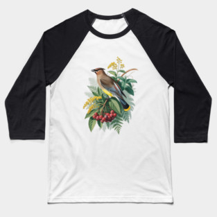 Cedar Waxwing with Berries and Leaves Baseball T-Shirt
