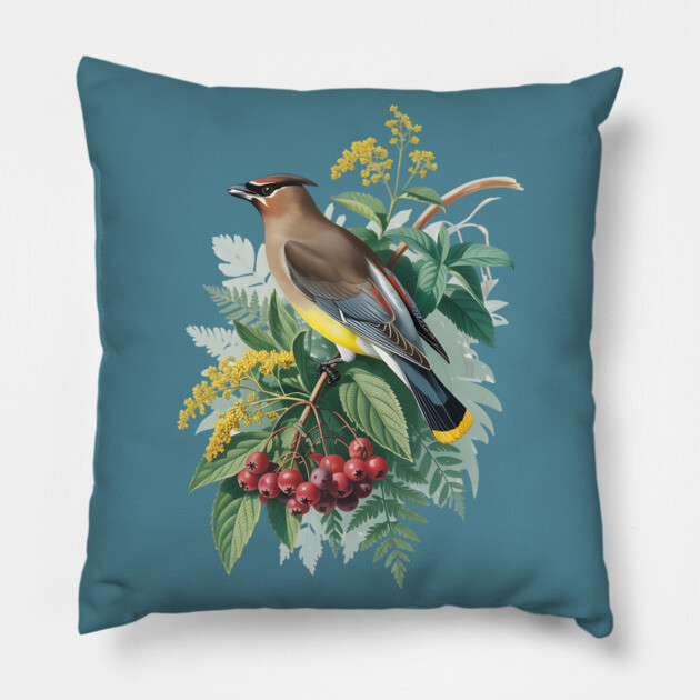 Cedar Waxwing with Berries and Leaves Pillow by BirdsnStuff