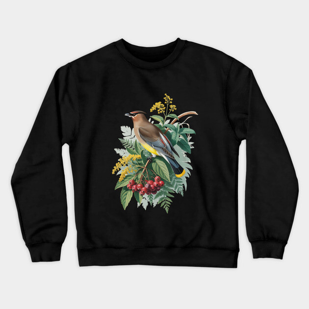 Cedar Waxwing with Berries and Leaves Crewneck Sweatshirt by BirdsnStuff