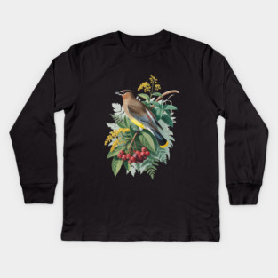 Cedar Waxwing with Berries and Leaves Kids Long Sleeve T-Shirt