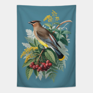 Cedar Waxwing with Berries and Leaves Tapestry
