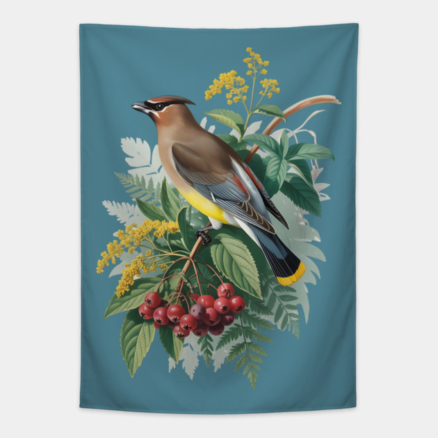 Cedar Waxwing with Berries and Leaves Tapestry by BirdsnStuff