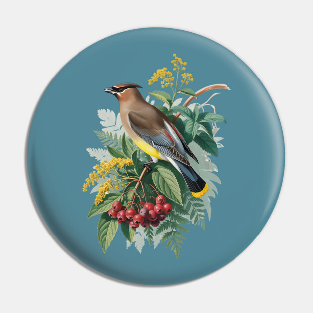 Cedar Waxwing with Berries and Leaves Pin by BirdsnStuff