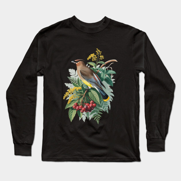 Cedar Waxwing with Berries and Leaves Long Sleeve T-Shirt by BirdsnStuff