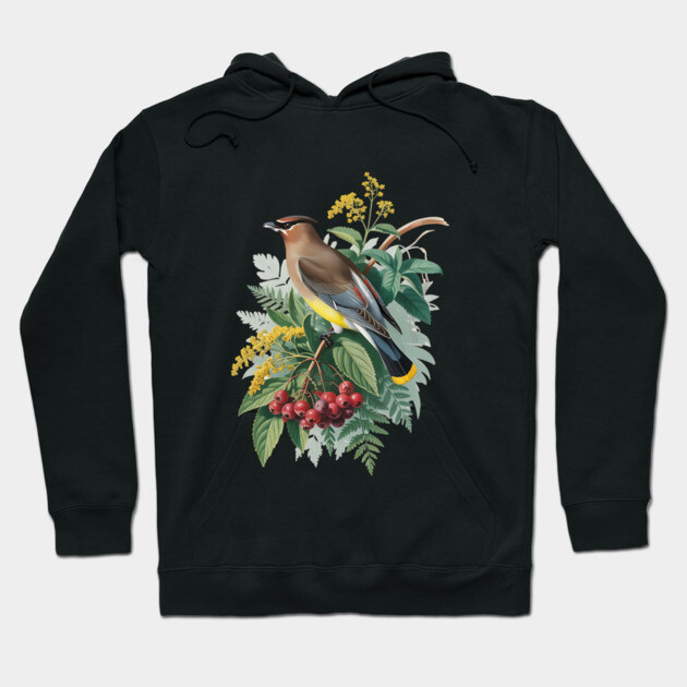 Cedar Waxwing with Berries and Leaves Hoodie by BirdsnStuff