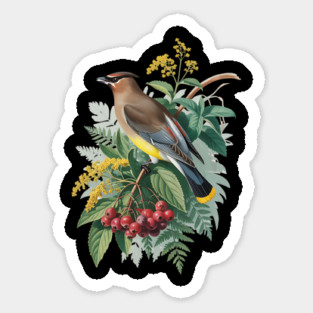 Cedar Waxwing with Berries and Leaves Sticker